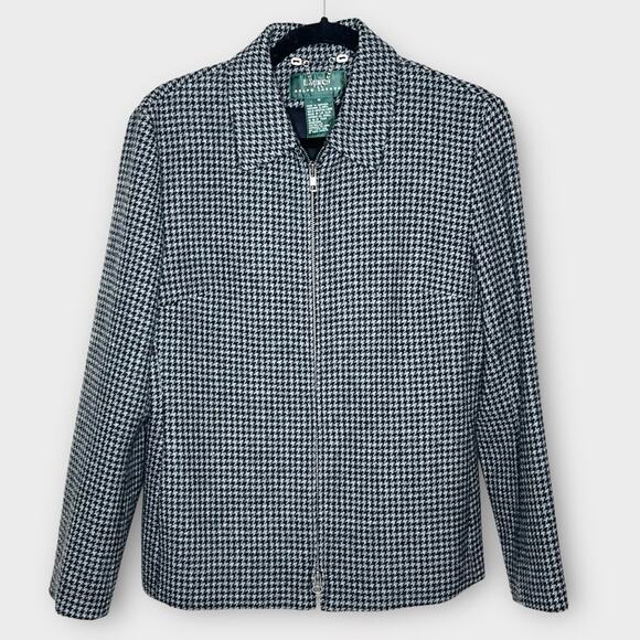 LAUREN RALPH LAUREN lambswool black & gray houndstooth zip blazer size 8 preppy - Picture 1 of 5